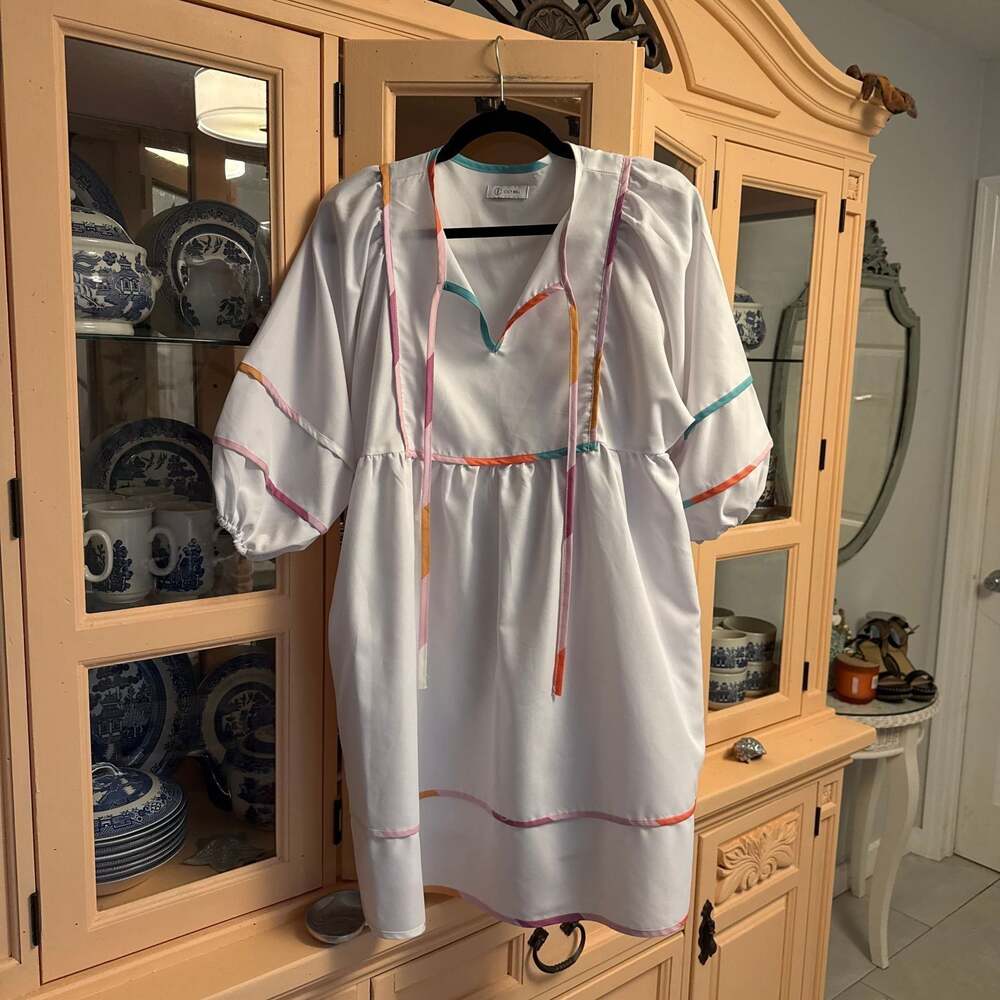 Cicy Bell White Mini Babydoll Dress with Multicolor Rainbow Trim